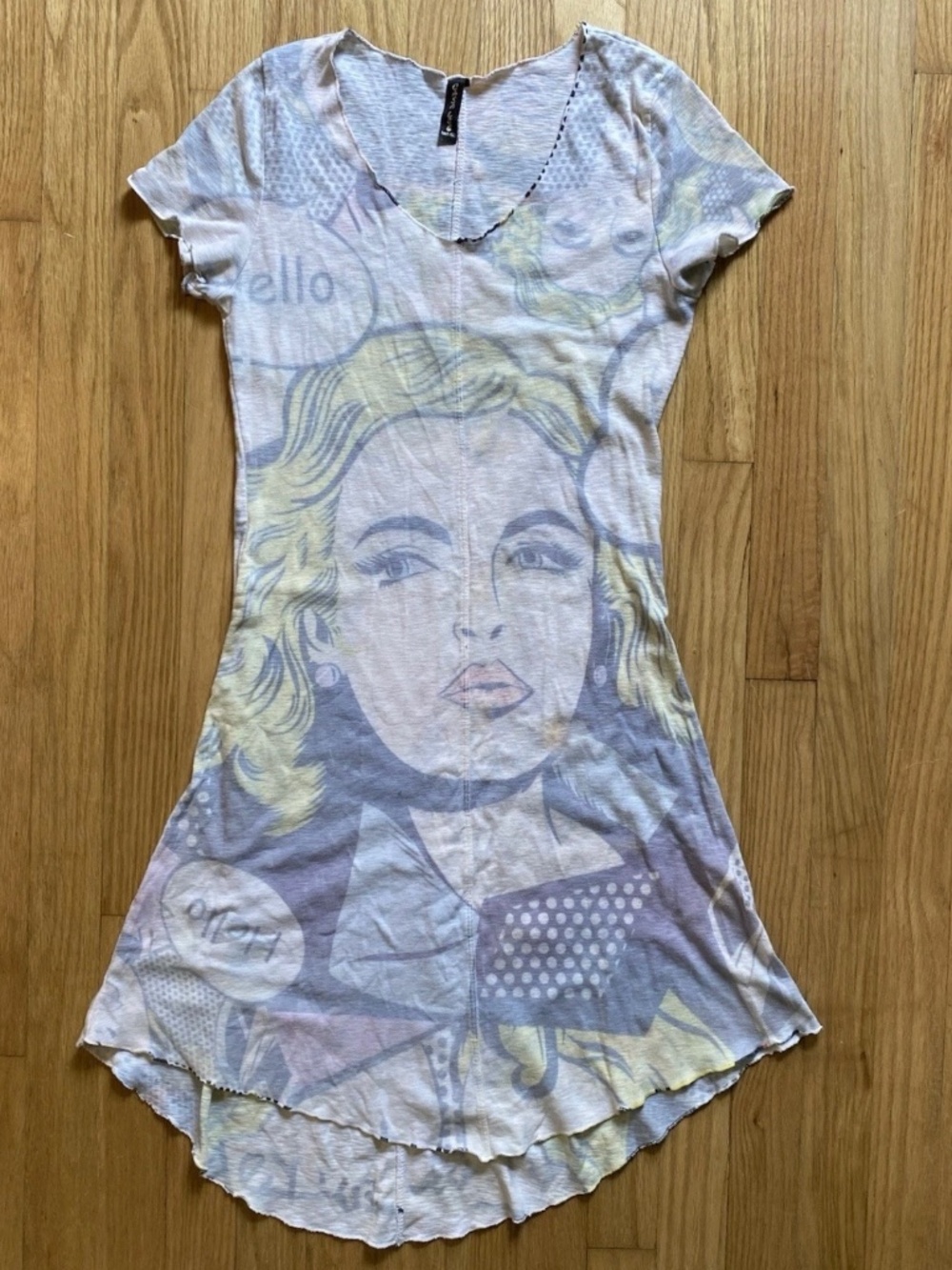 Vintage Y2K Pop Art Comic Graphic Mini Dress Raw Hem Grunge Aesthetic S/M
